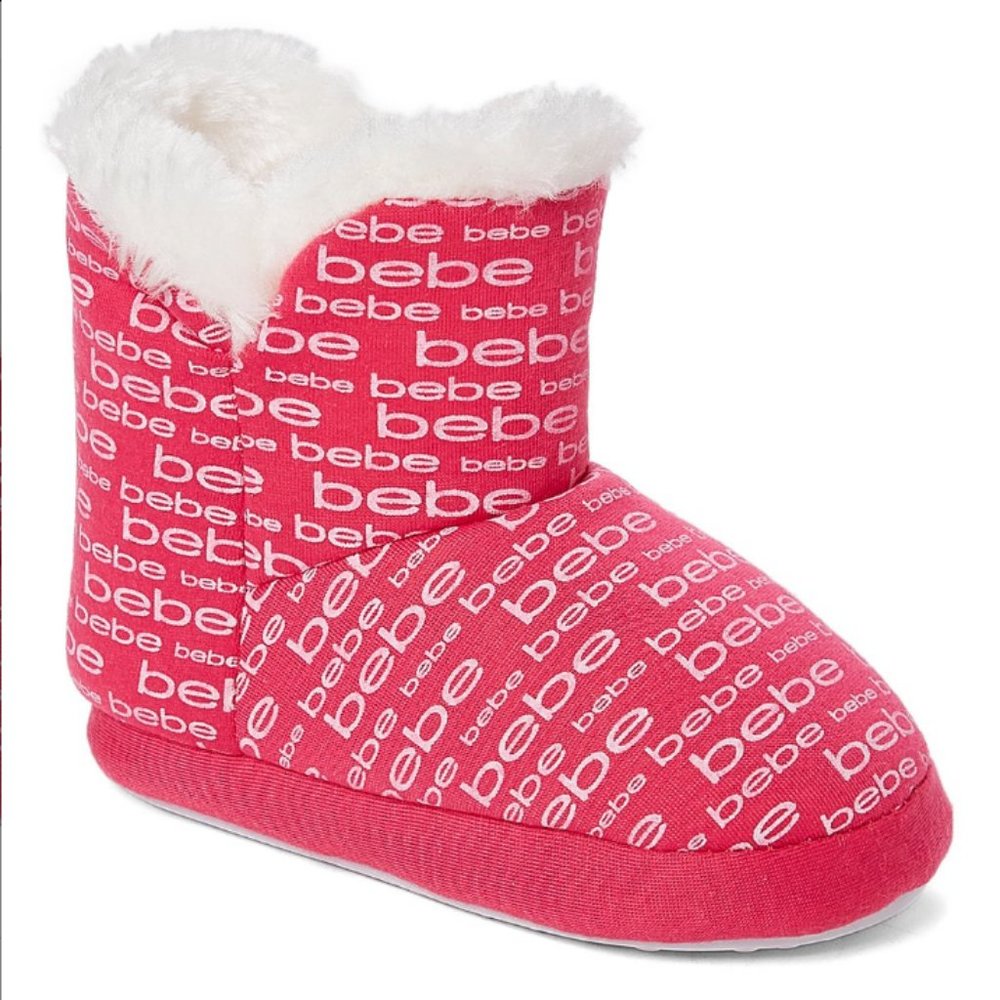 NEW bebe Pink Faux Fur Trim Cozy Soft Jersey Slipper Boots Toddler Size 7 - 8